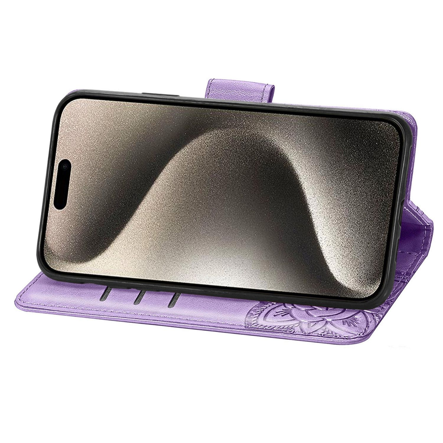 Lila Handyhülle mit Handy, mit floralem Design.