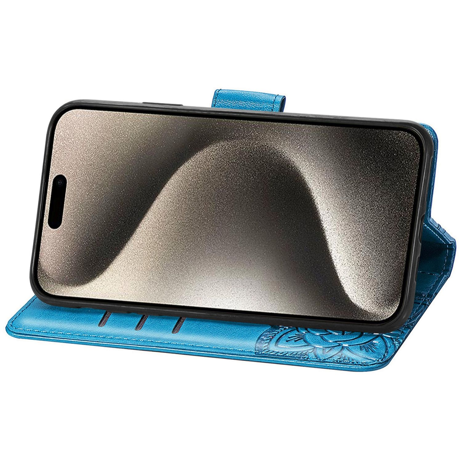 Eine blaue, offene Handyhülle mit einem Telefon darin.
