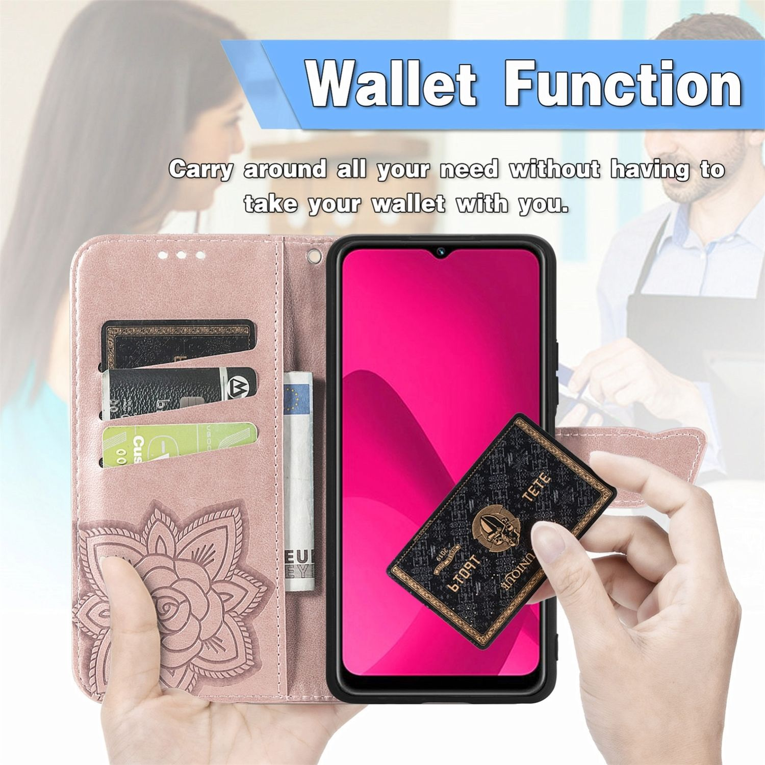 Eine rosa Brieftaschen-Handyhülle mit Kartenfächern und ein Telefon mit schwarzem Bildschirm.