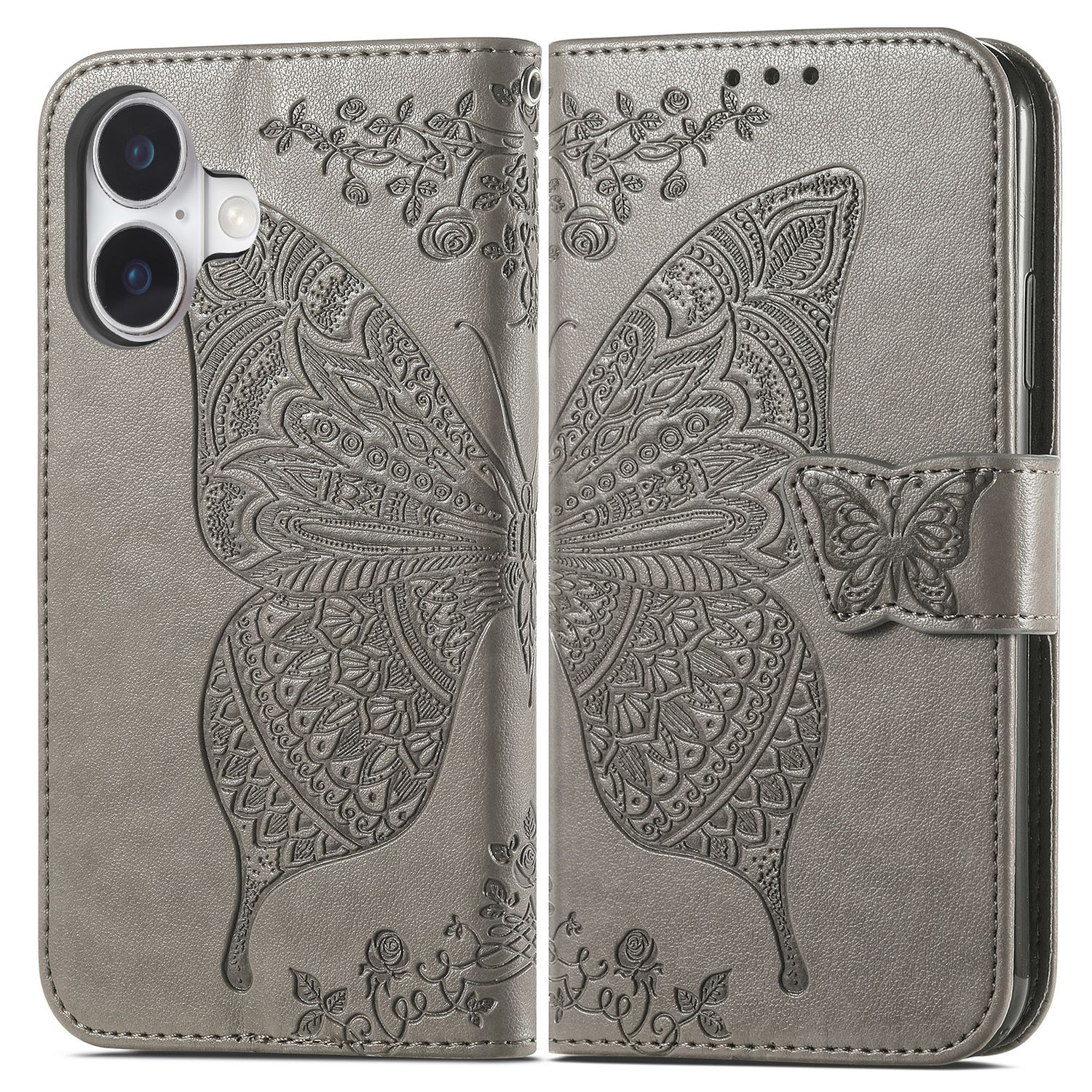 Graue Handyhülle, offen. Mit geprägtem Schmetterling und Blumendesigns.