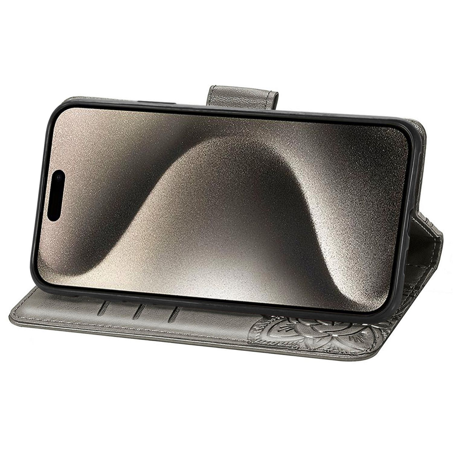 Ein Smartphone in einer silbernen, offenen Hülle im Brieftaschenstil.