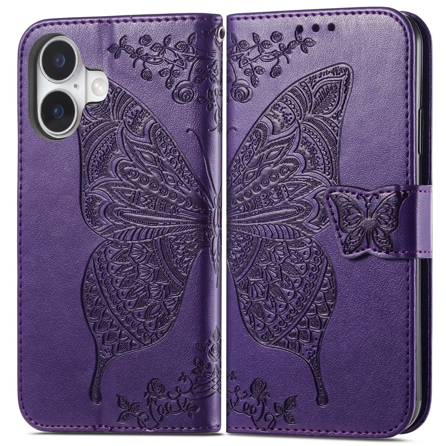 Lila Handyhülle mit geprägtem Schmetterlingsdesign. Die Hülle hat einen Magnetverschluss und Blumendetails.