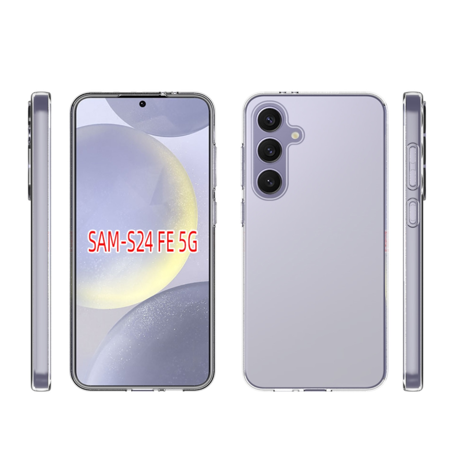 Telefon im Gehäuse mit drei Rückkameras. Das Telefon ist lavendelfarben. Sauberer weißer Hintergrund.