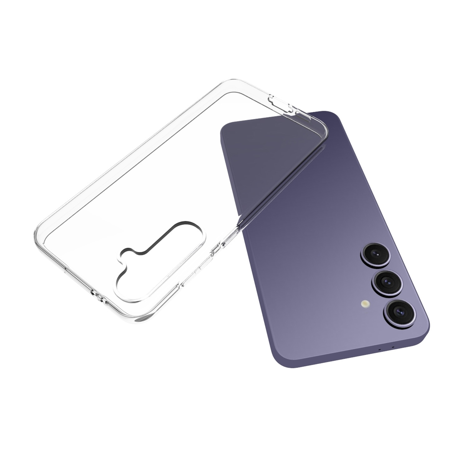 Transparente Handyhülle neben einem lila Handy mit drei Kameras. Die Hülle ist offen, das Handy schräg.