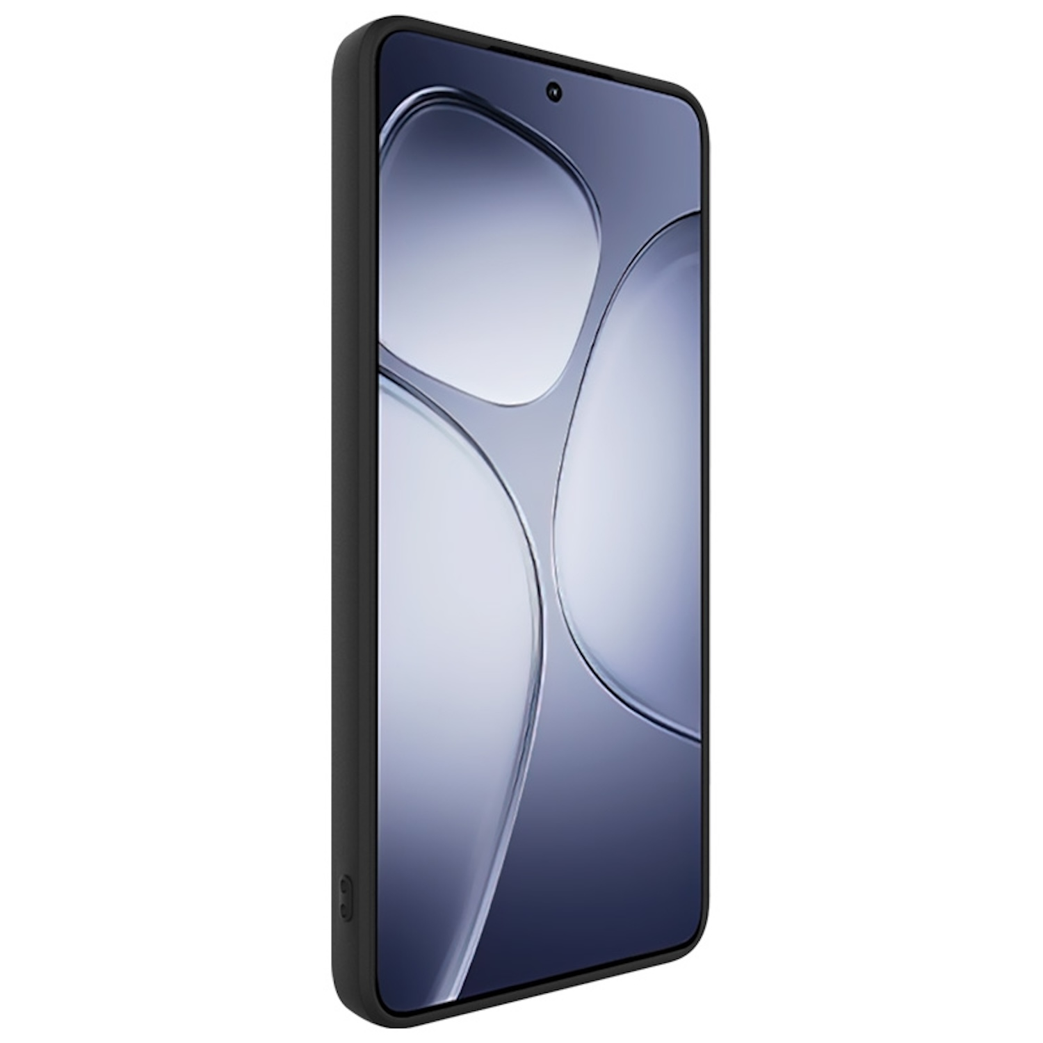 Schwarzes Smartphone in einer Hülle, Seitenansicht. Bildschirm zeigt blaues und graues Muster.