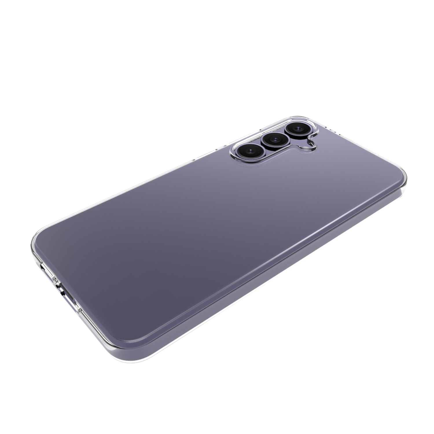 Ein Smartphone in einer transparenten Hülle ist auf weißem Hintergrund abgewinkelt. Die Hülle hat drei Kameras.