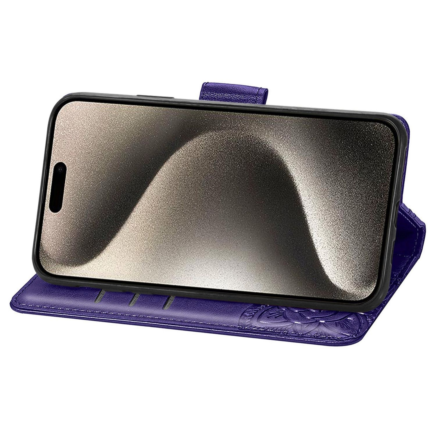Eine lila Handyhülle mit einem Telefon darin. Das Telefon zeigt den Bildschirm an. Die Hülle hat Blumenmuster.