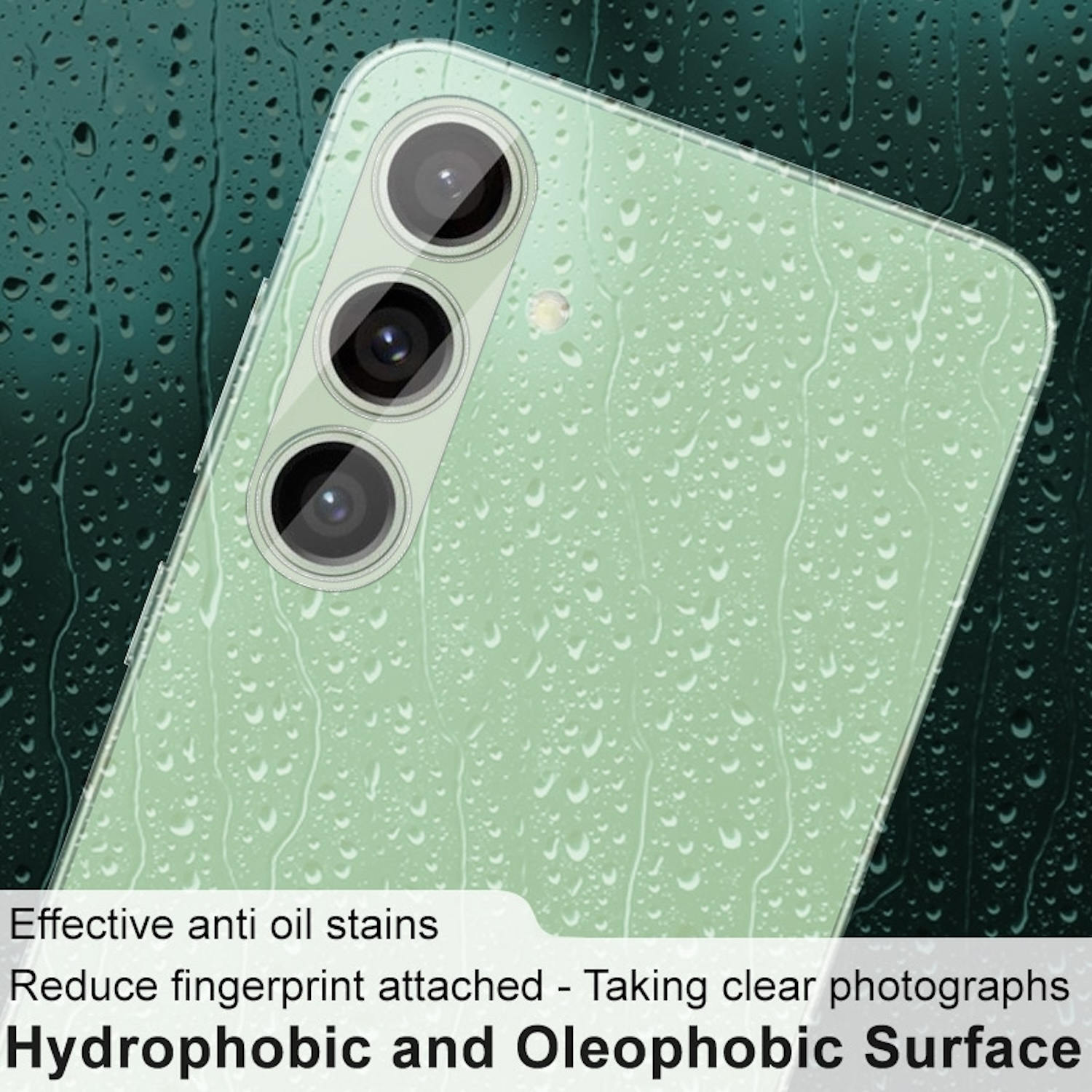Una custodia per telefono con goccioline d'acqua. La custodia è verde. C'è del testo sull'immagine sulle sue caratteristiche.