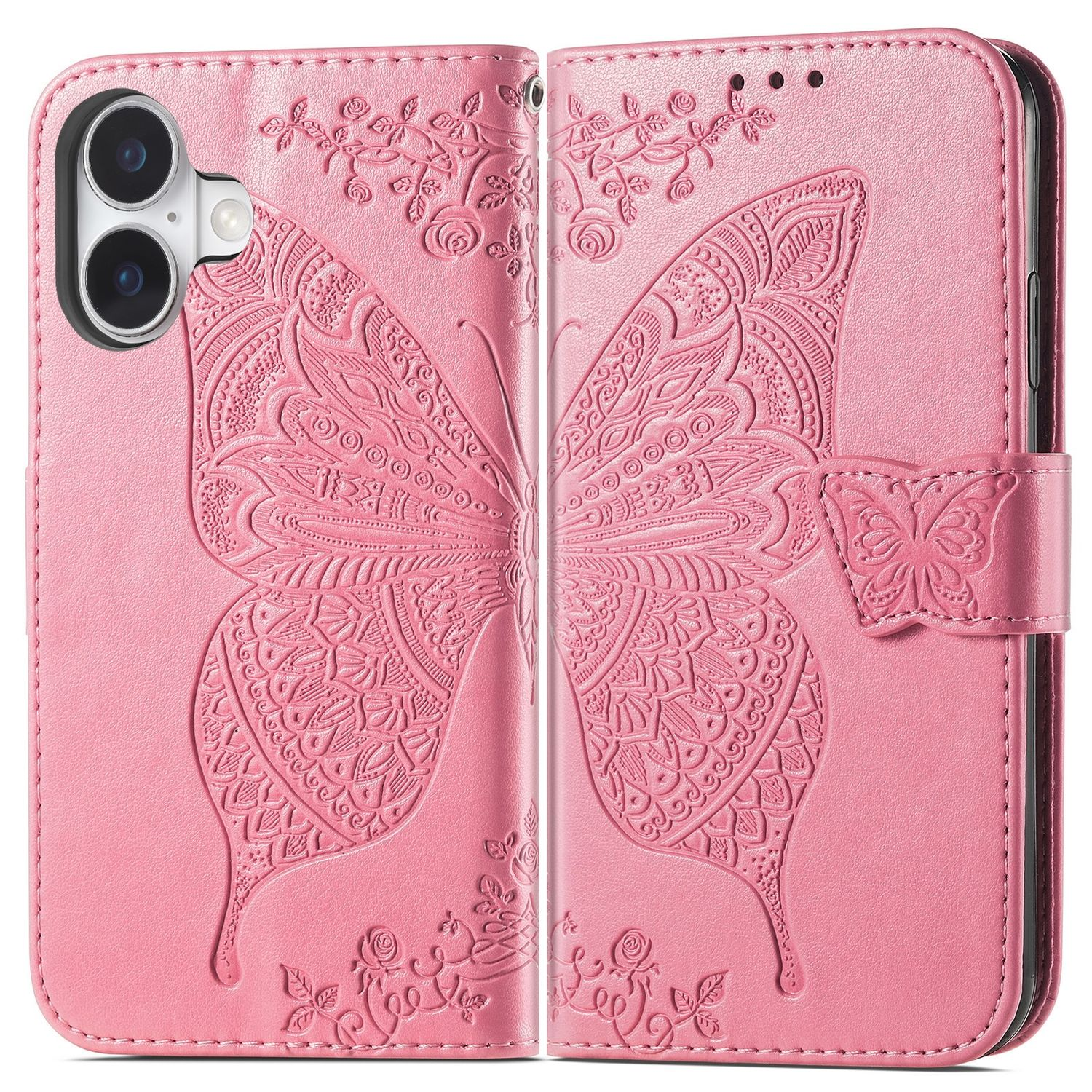 Rosa Handyhülle mit geprägtem Schmetterlingsdesign auf der Vorderseite und einem kleineren Schmetterling am Verschluss.
