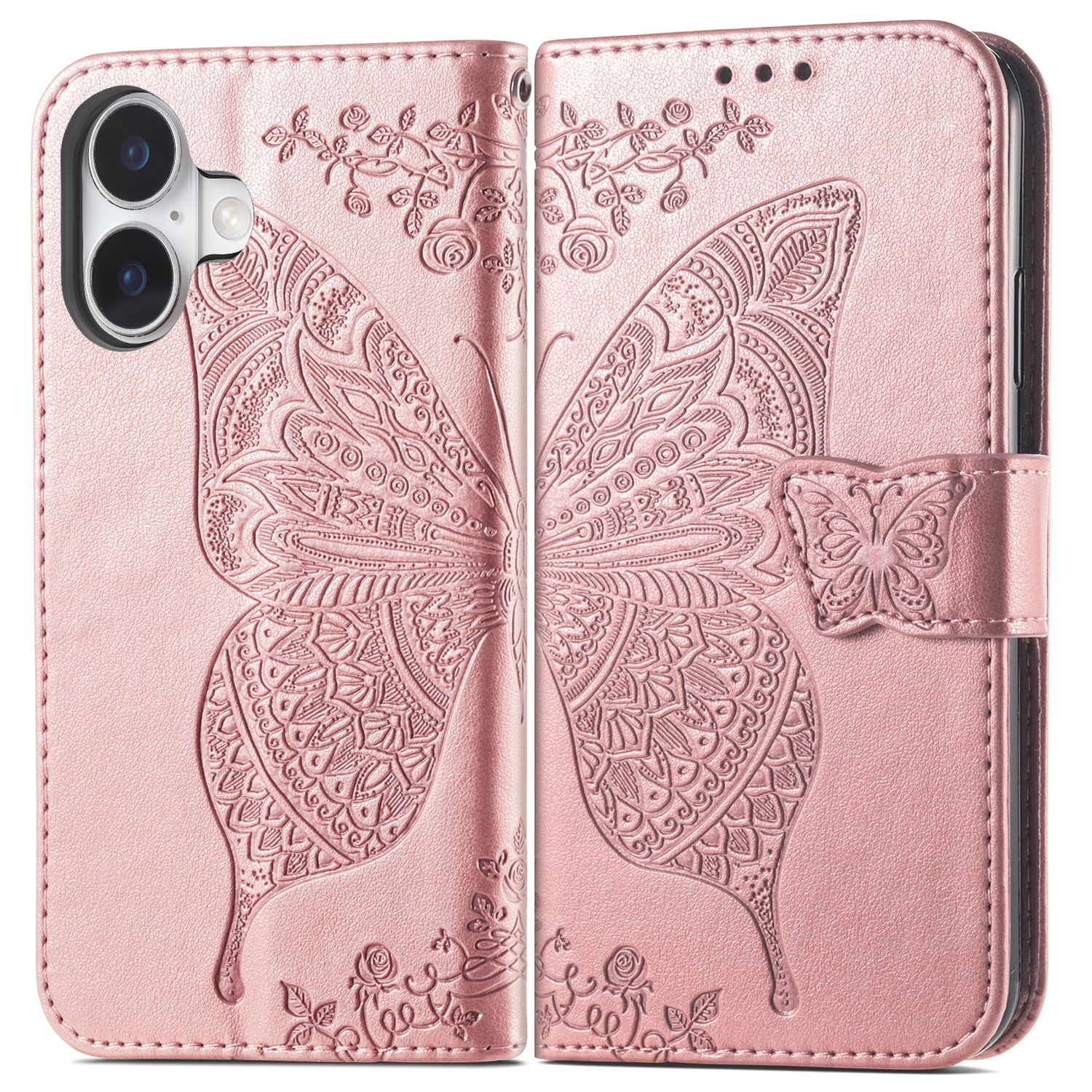 Rosa Leder-Handyhülle mit Schmetterlingsdesign, geöffnet und innen.