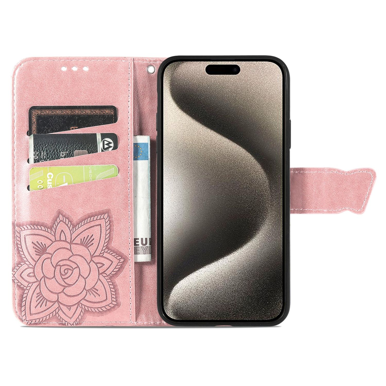 Rosa Handyhülle mit floralem Design und Kartenfächern, mit einem Handy.