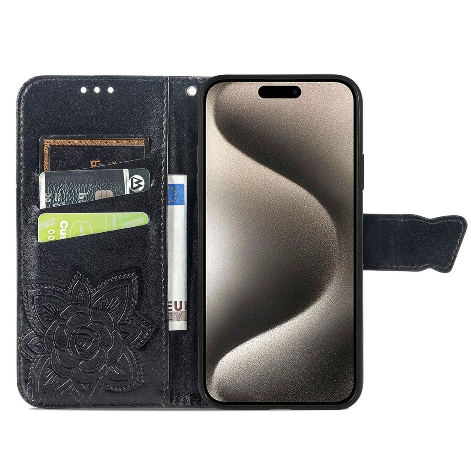 Schwarze Handyhülle, geöffnet, zeigt Karten und ein Telefon mit floralem Design.