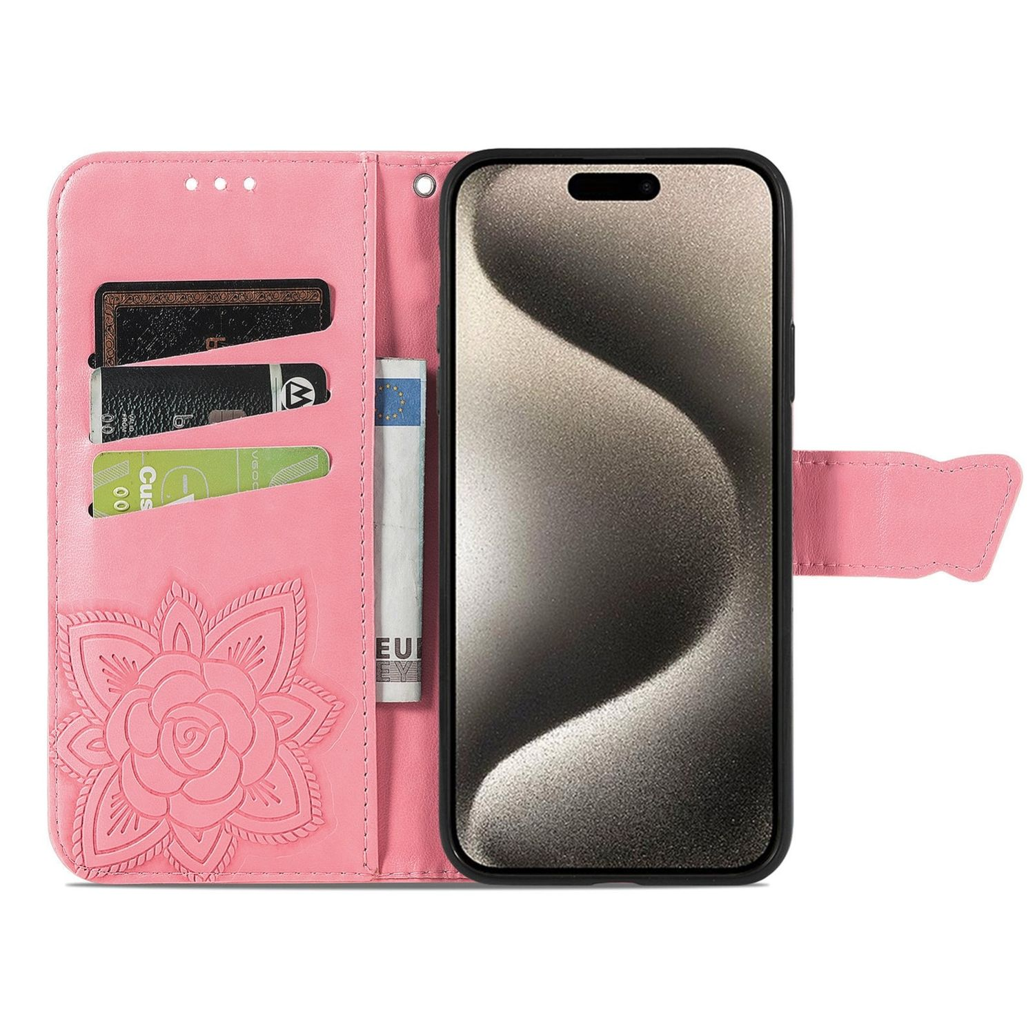 Rosa Handyhülle mit Kartenfächern und Blumendesign. Ein Telefon ist darin.