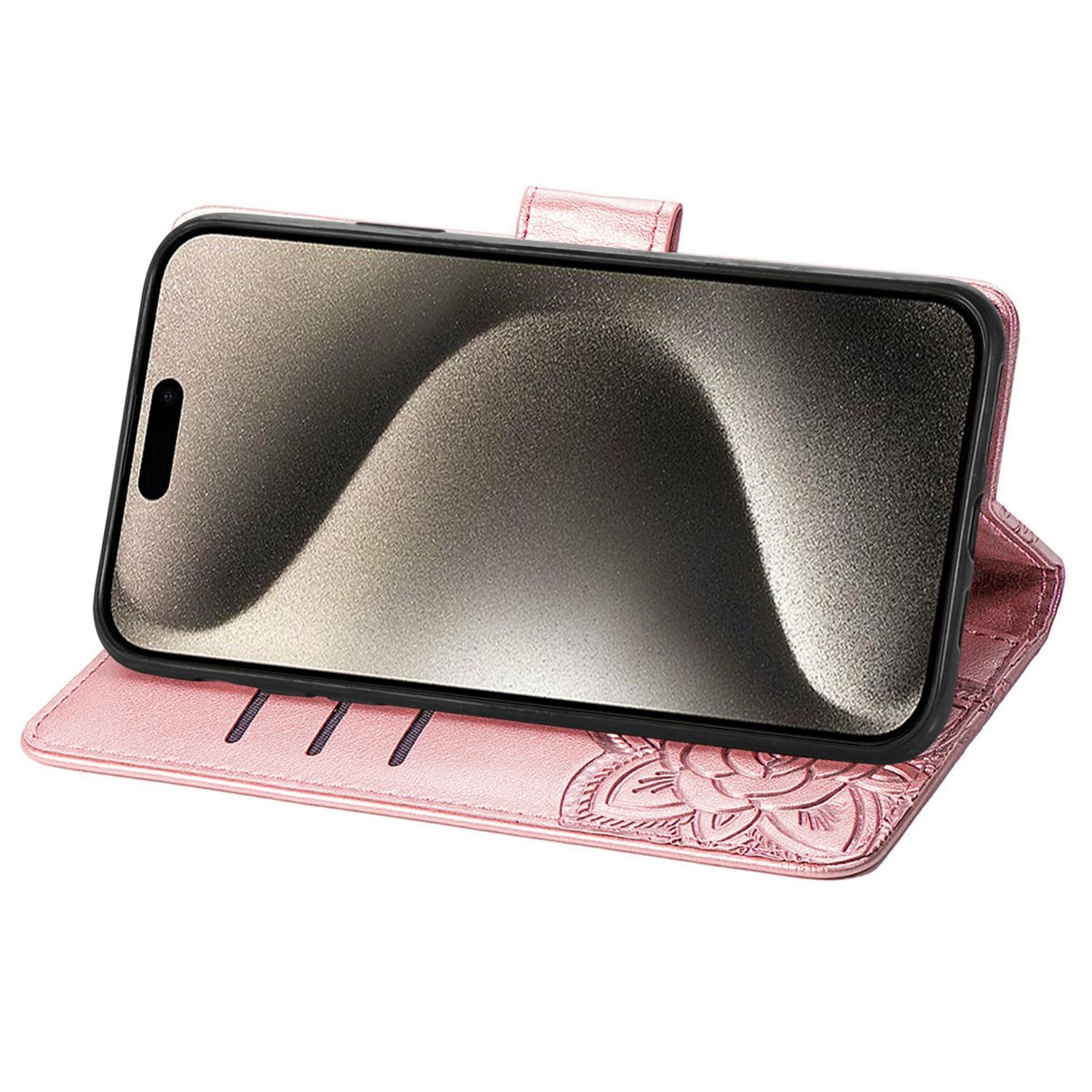 Geöffnete rosa Handyhülle, die einen Telefonbildschirm zeigt. Die Hülle hat ein Blumendesign.