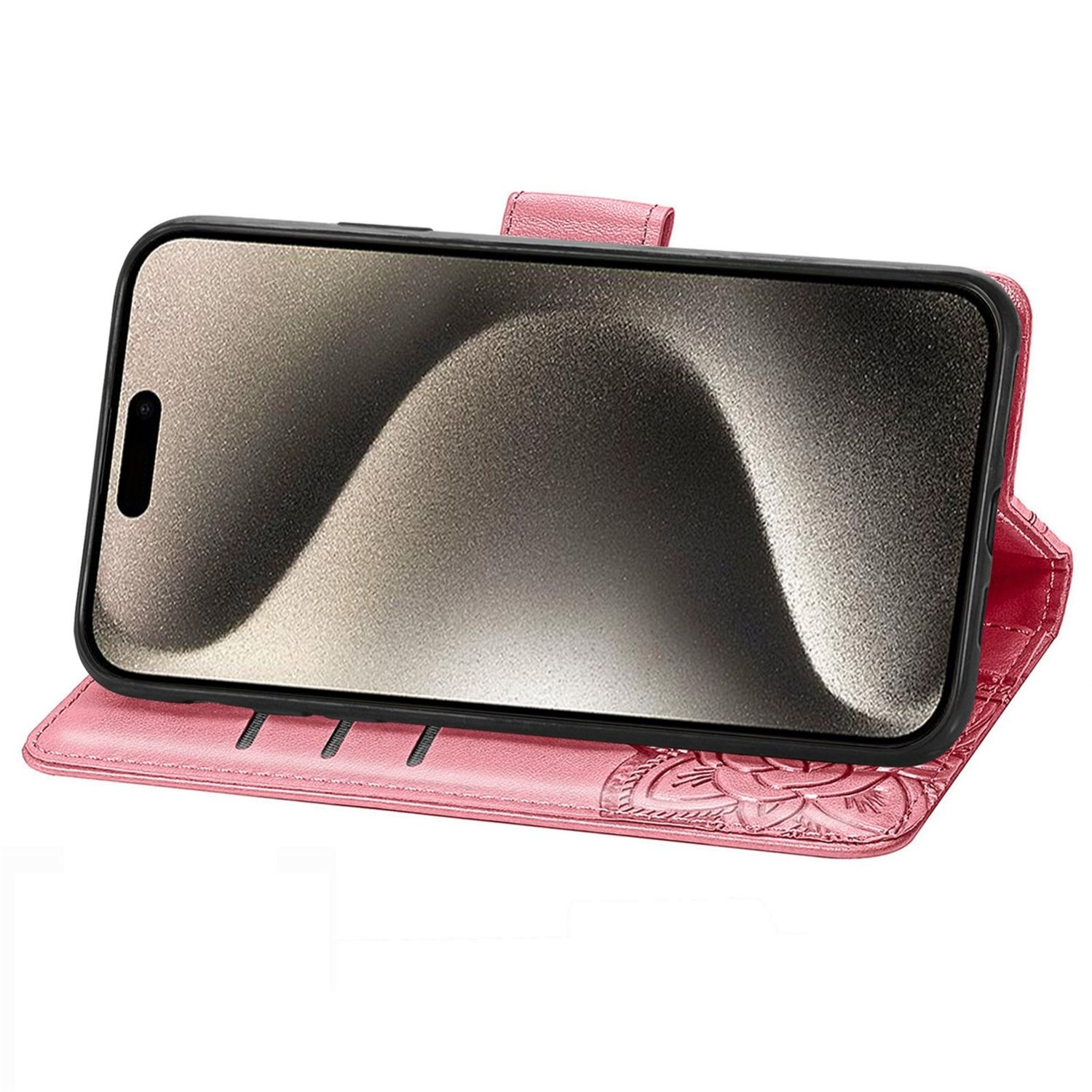 Eine pinkfarbene Handyhülle ist geöffnet und zeigt einen Telefonbildschirm. Die Hülle ist mit einem Blumenmuster verziert.