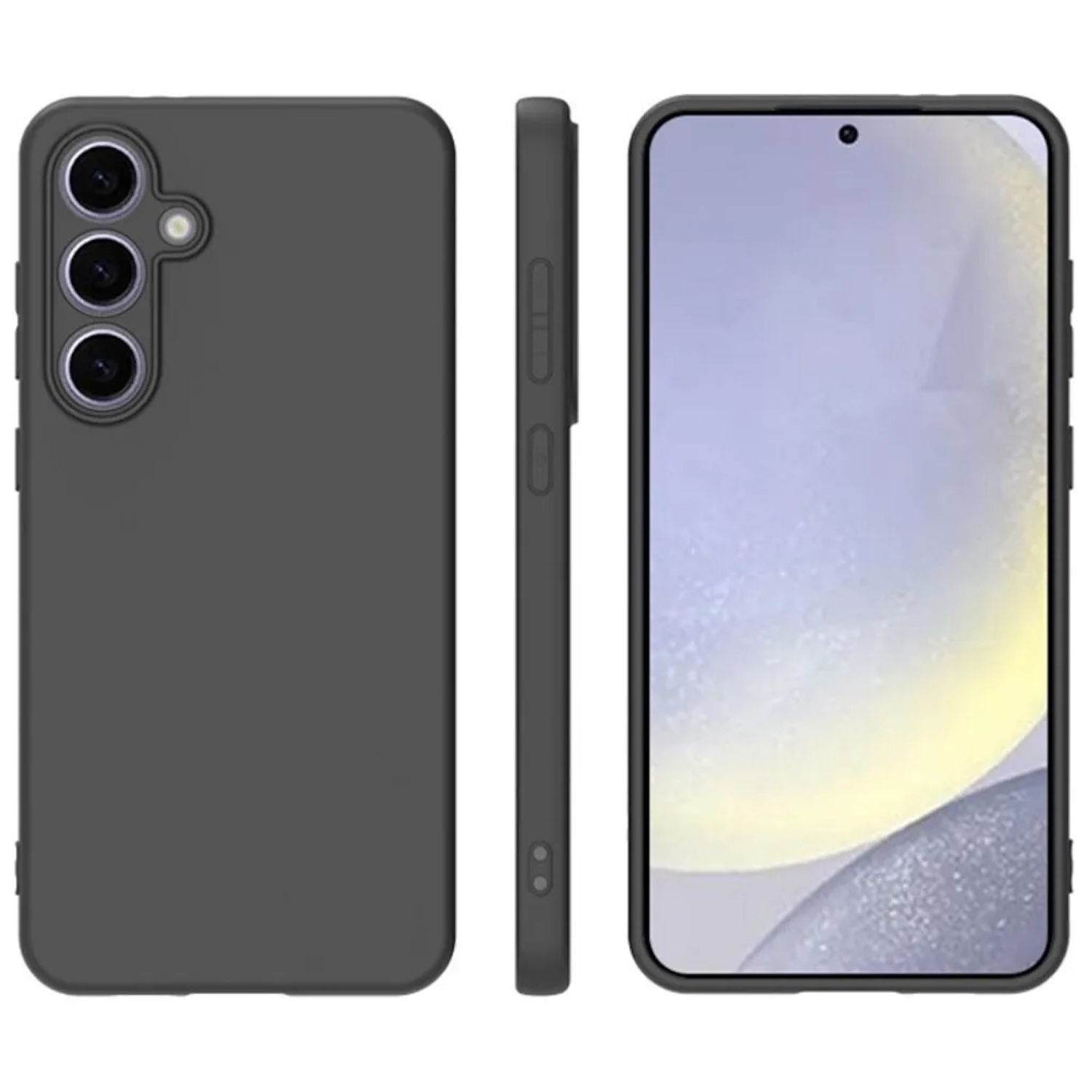 Drei Ansichten einer schwarzen Handyhülle, die ein Telefon auf weißem Hintergrund schützt.