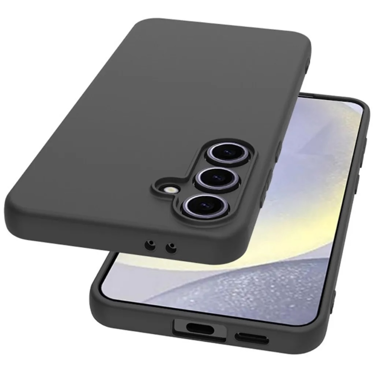Eine schwarze Handyhülle, die auf einem Telefon platziert ist. Die Hülle bedeckt die Rückseite des Telefons.