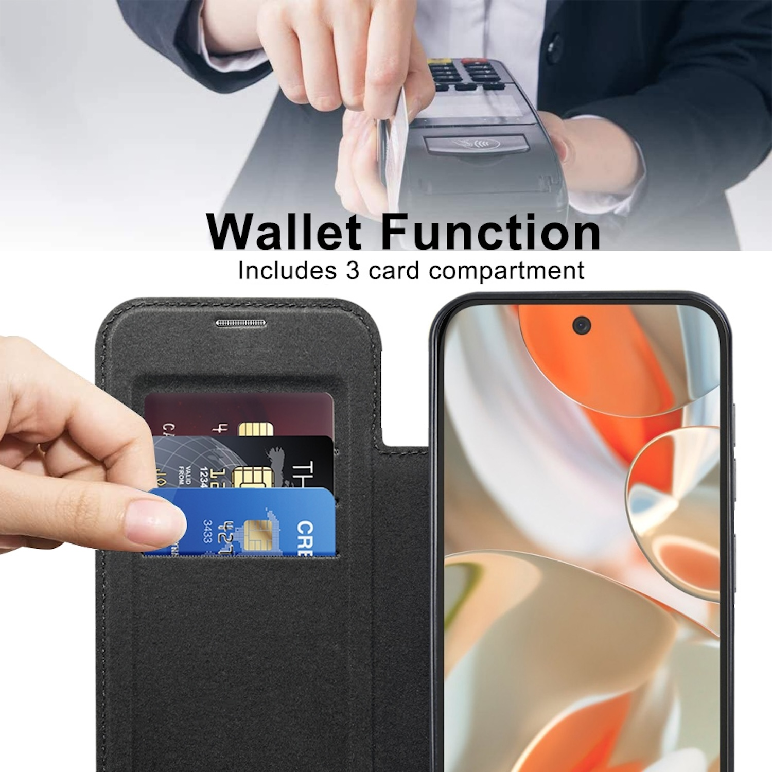 Eine Person öffnet eine Brieftasche, die Kreditkarten zeigt, mit dem Text "Wallet Function".