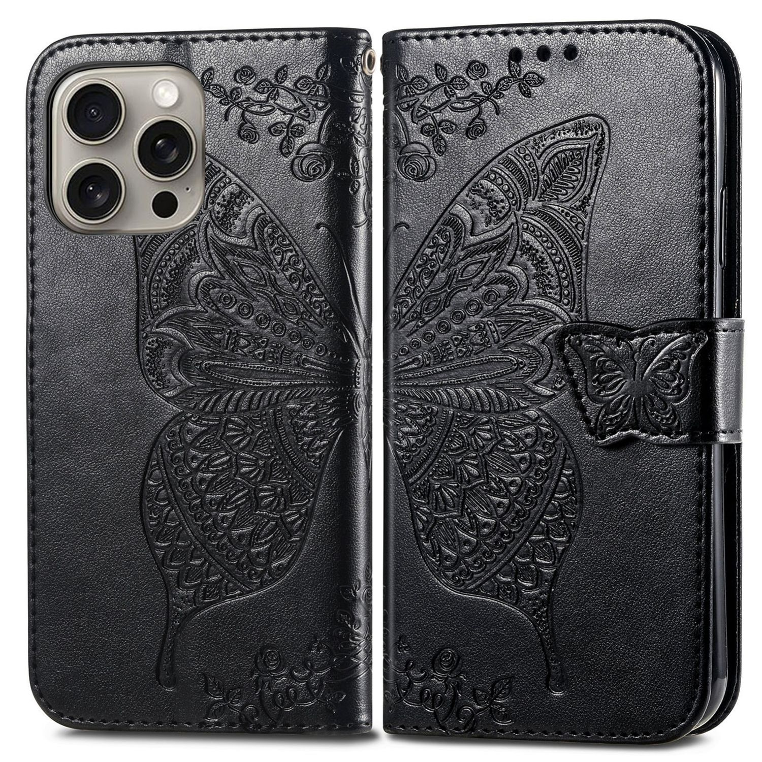 Schwarze Leder-Handyhülle mit Schmetterlingsdesign, offen, isoliert auf Weiß.