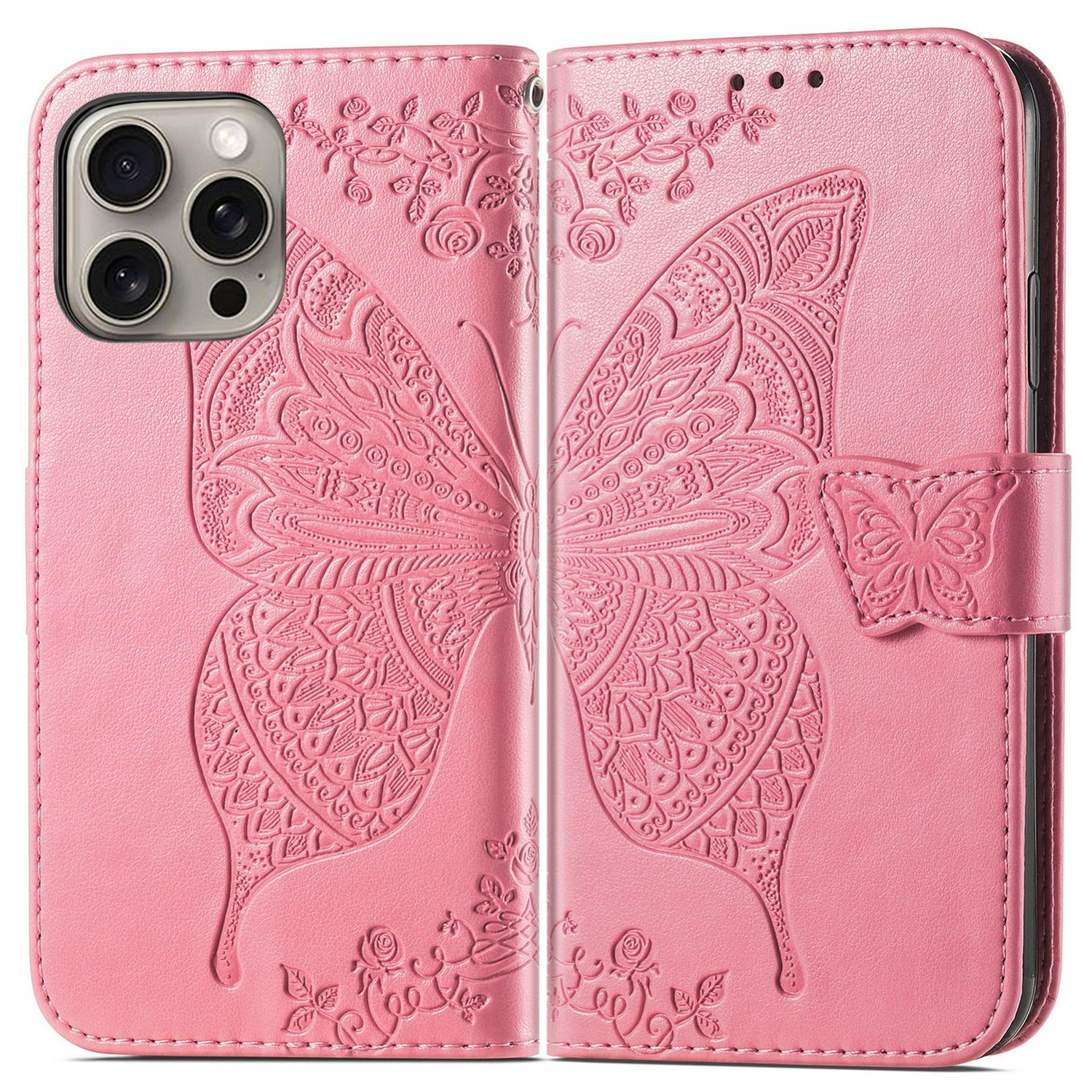 Funda de teléfono rosa con diseño de mariposa, abierta para revelar el teléfono.