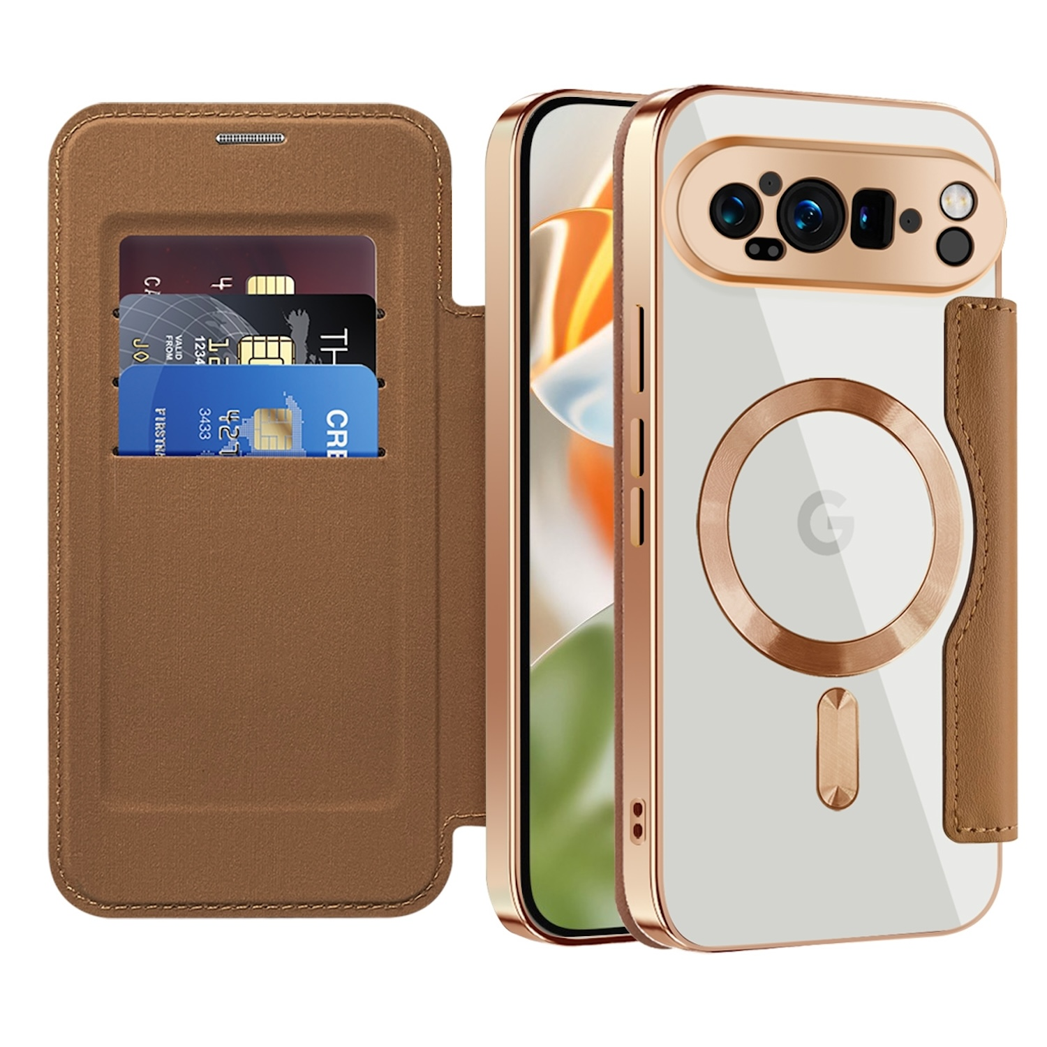 Handyhülle mit Kreditkarten darin. Telefon sichtbar mit goldenem Rahmen. Weißer Hintergrund.
