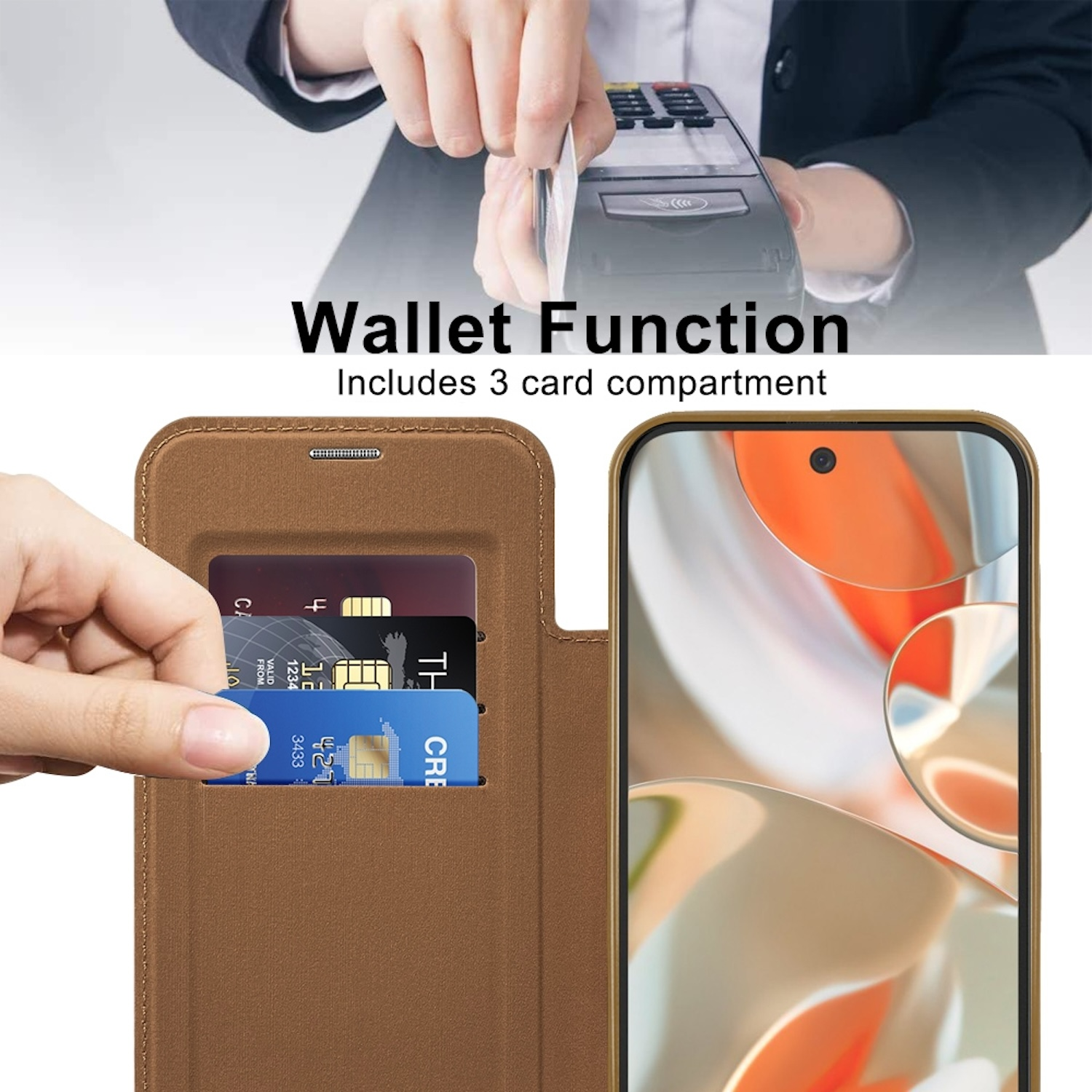 Die Hand einer Person steckt eine Kreditkarte in eine Handyhülle mit Brieftaschenfunktion. Text sagt 'Wallet Function'.