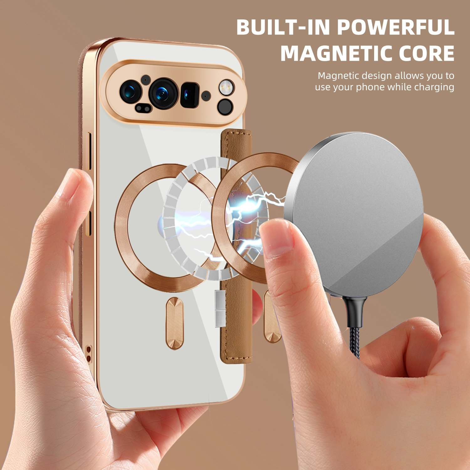 Telefon mit magnetischem Ladepad. Das Telefon ist golden und das Pad silber.