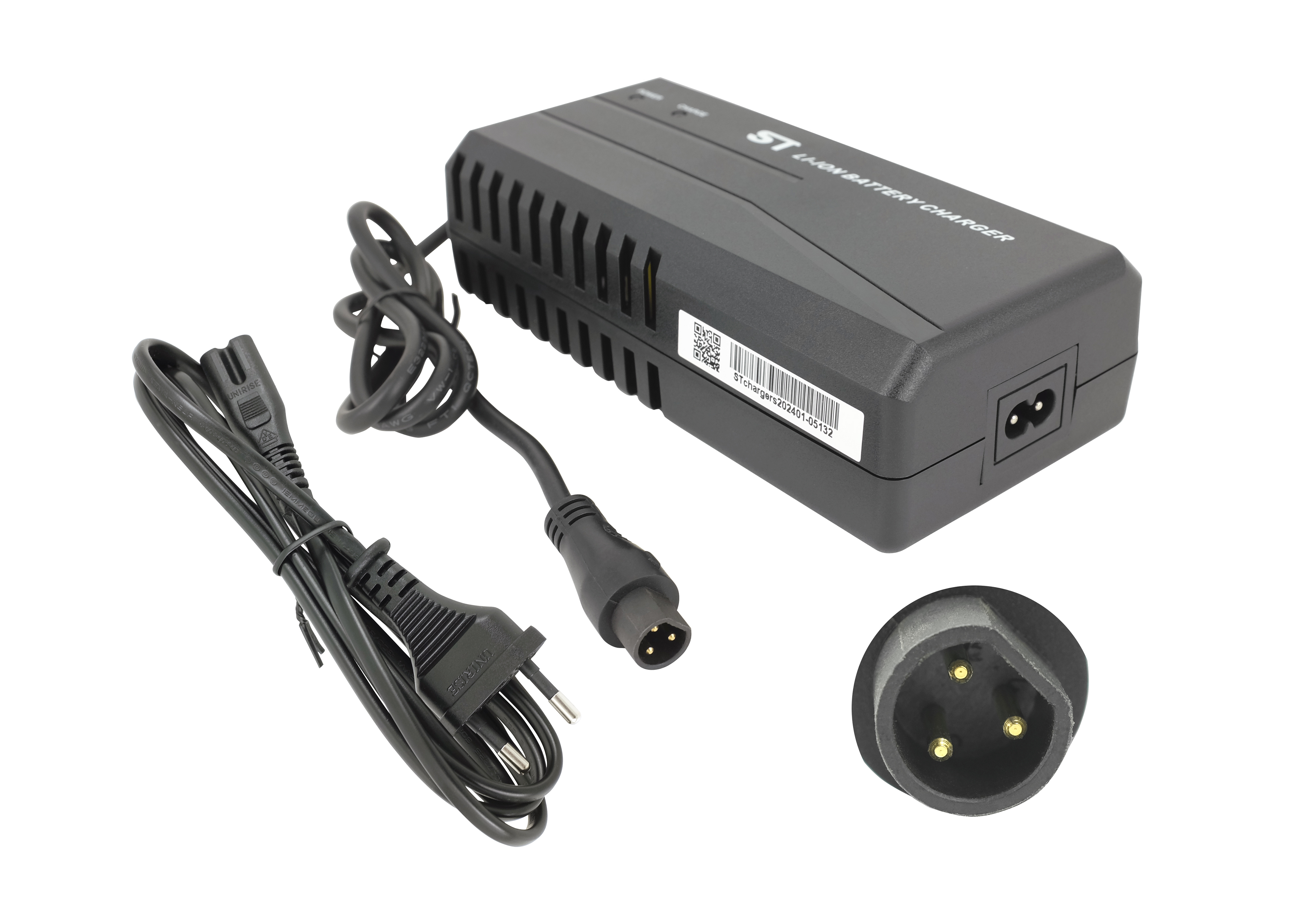 Schwarzes Li-Ion-Batterieladegerät mit Netzkabel und 3-poligem Stecker.