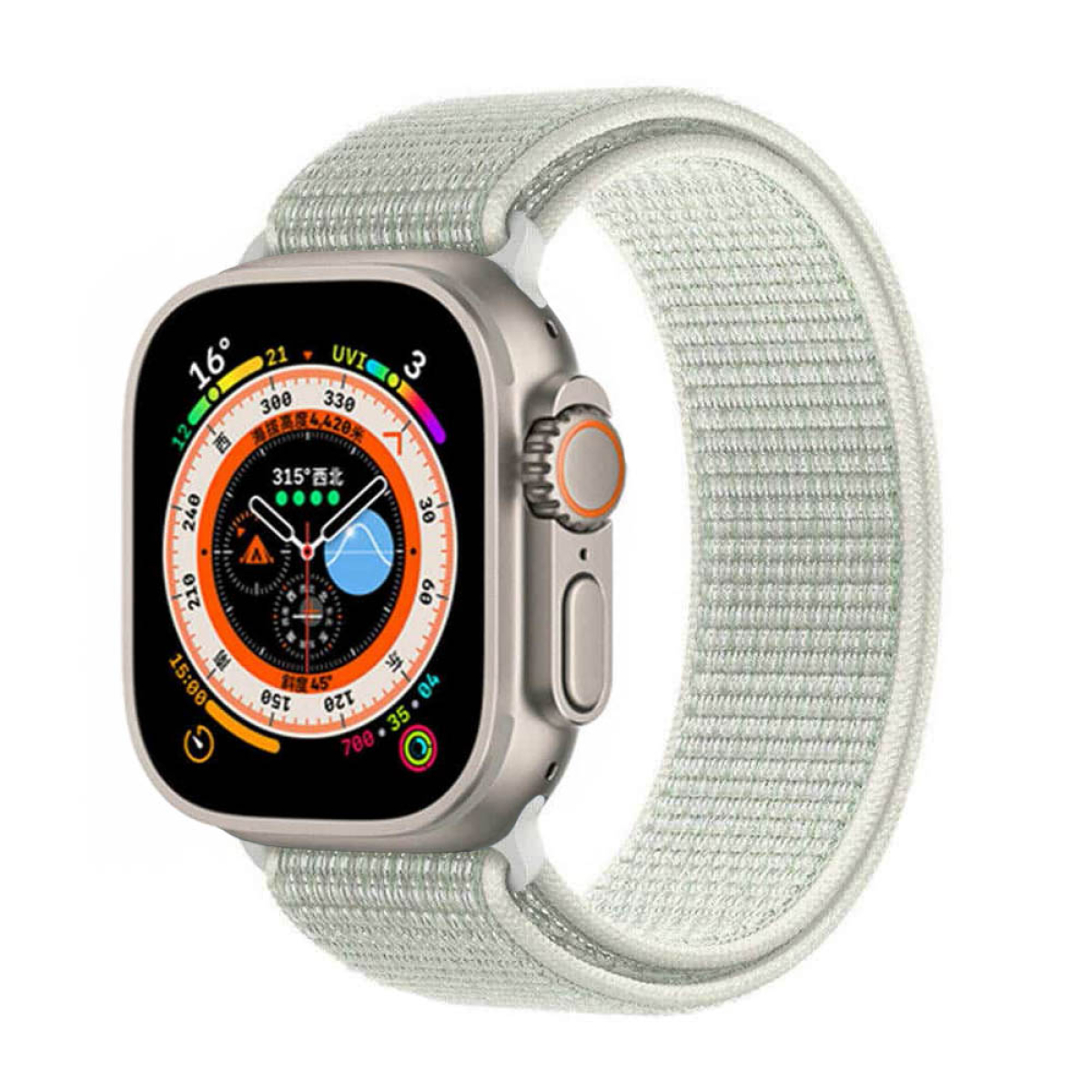 Silberne Apple Watch, hellgrünes Armband. Zeigt Zeit und Gesundheitsdaten.