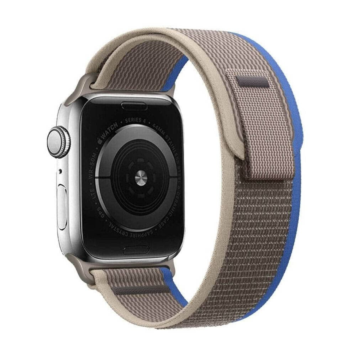 Silberne Apple Watch Series 4 mit einem beigefarbenen und blauen Stoffarmband.