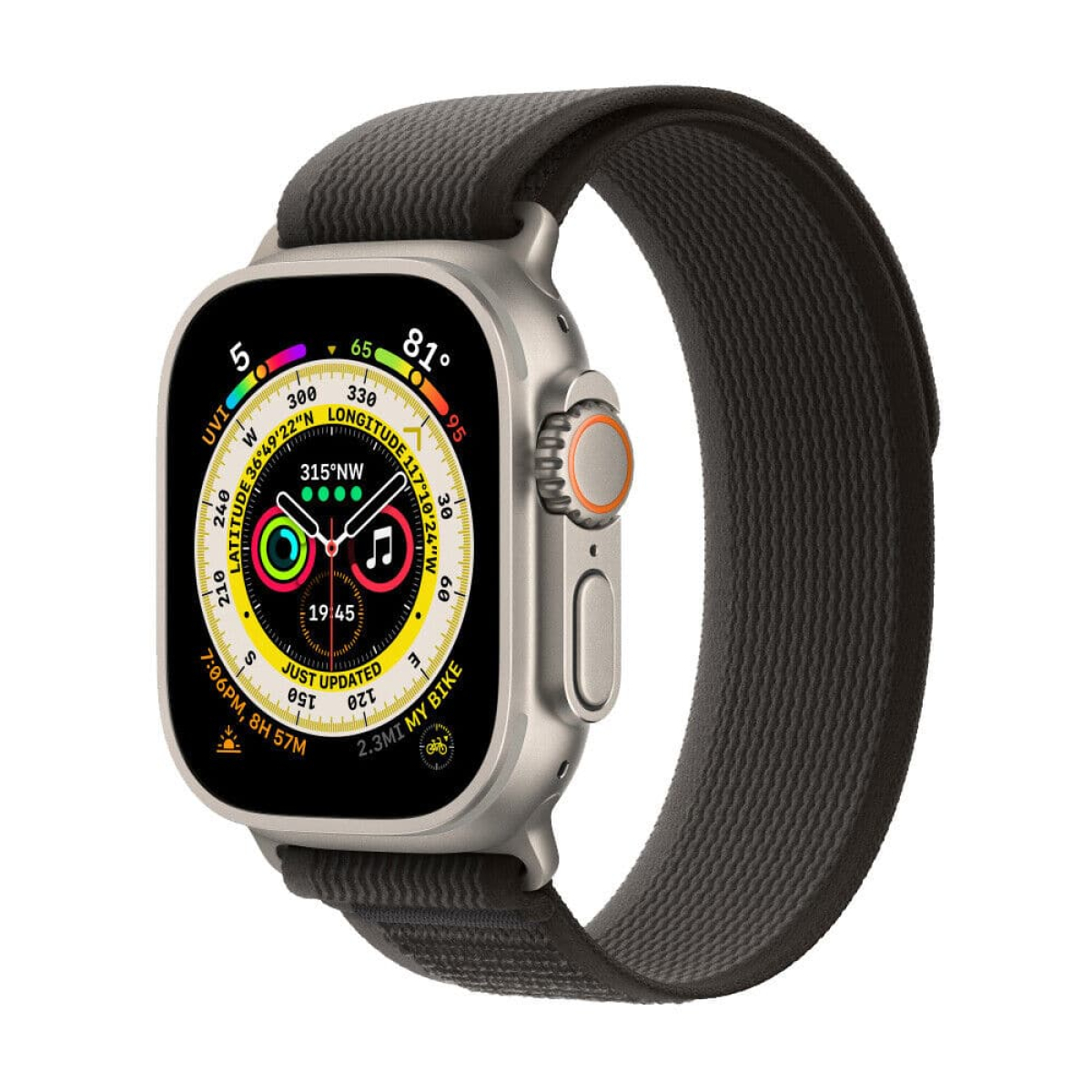 Silberne Smartwatch mit schwarzem Armband. Die Uhr zeigt eine detaillierte Oberfläche mit Daten.