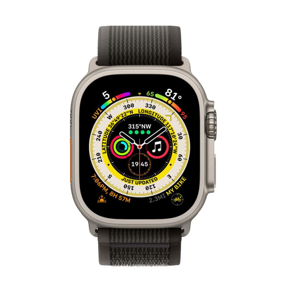 Silberne Smartwatch mit schwarzem Armband. Zeigt Zeit und Gesundheitsdaten an. Orange Akzente an der Seite.