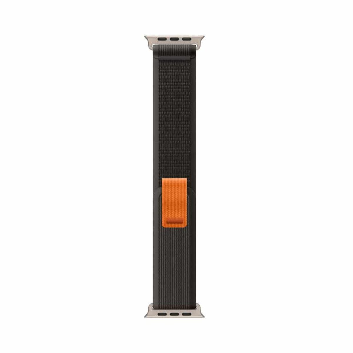 Schwarz-graues Uhrenarmband mit hellorangefarbenem Verschluss, weißer Hintergrund.