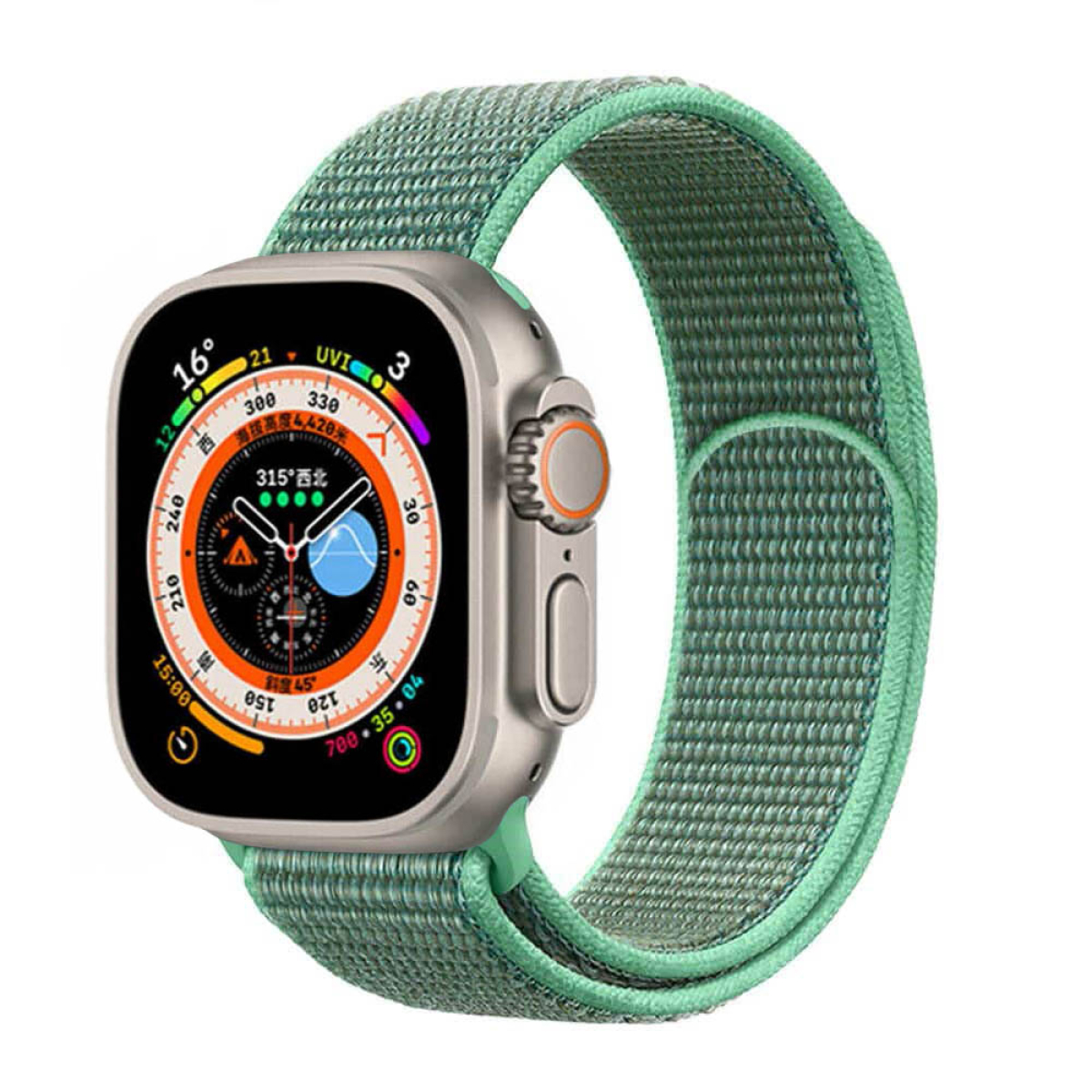 Smartwatch mit grünem Armband. Die Uhr hat einen schwarzen Bildschirm mit Daten.