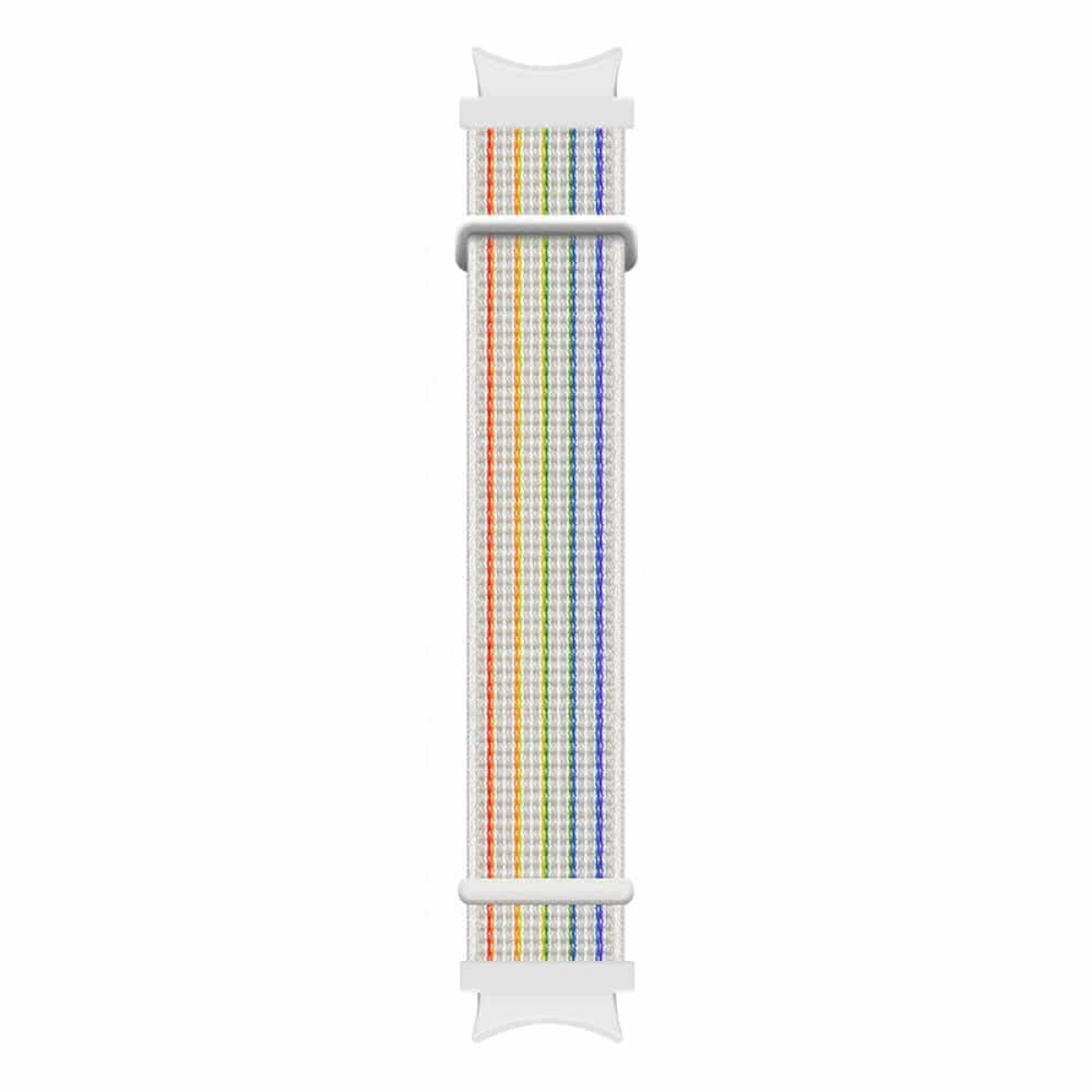 Ein weißes Uhrenarmband mit regenbogenfarbenen Streifen, vor weißem Hintergrund.