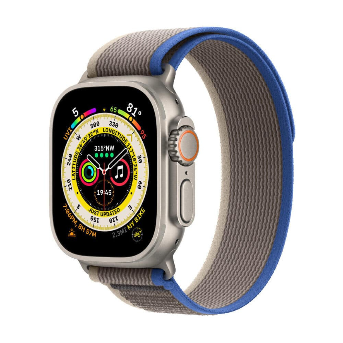 Silberne Smartwatch mit grau-blauem Armband, zeigt 19:45 auf dem Bildschirm mit Daten.