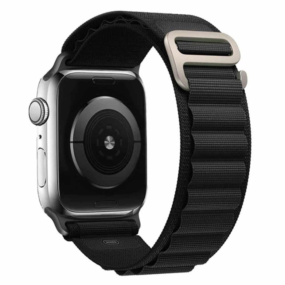 Schwarze Apple Watch mit schwarzem Armband und Magnetverschluss, vor weißem Hintergrund.