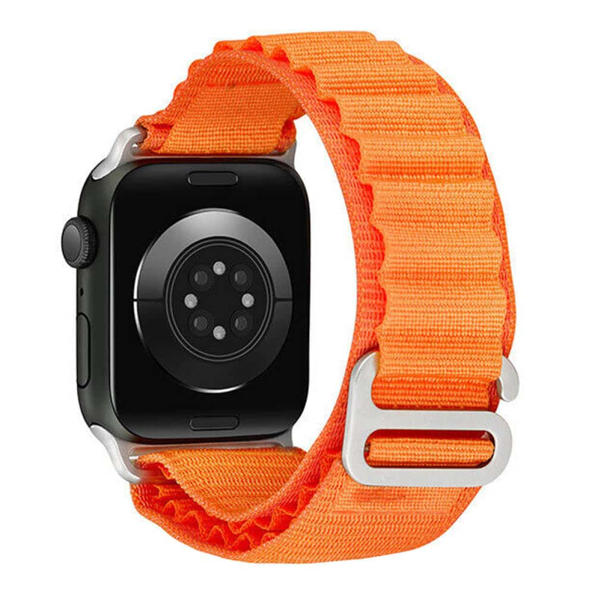 Apple Watch mit orangefarbenem Stoffarmband. Die Uhr ist schwarz mit silberner Schließe.
