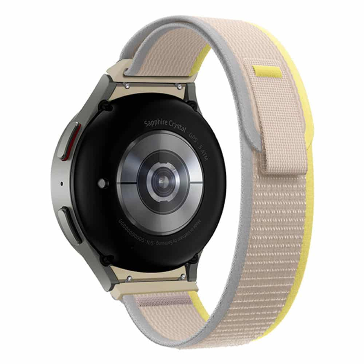 Smartwatch auf weißer Oberfläche, Rückansicht, mit dem Uhrenarmband.