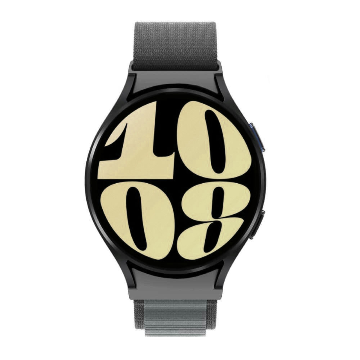 Schwarze Smartwatch mit grauem Armband, zeigt die Uhrzeit 10:08 auf schwarzem Bildschirm.