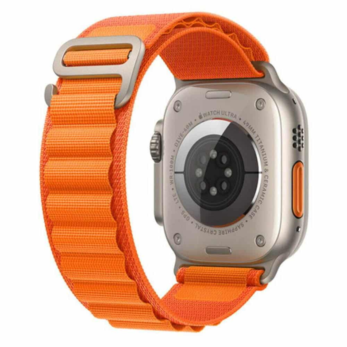 Oranges Uhrenarmband an silberner Apple Watch Ultra, Rückseite sichtbar.