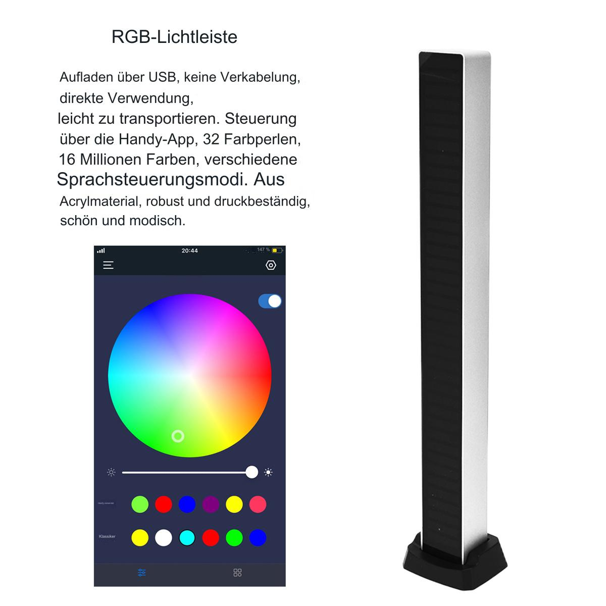 Eine RGB-Lichtleiste mit einem Telefon, das ein Farbrad und Steuerungsoptionen anzeigt.