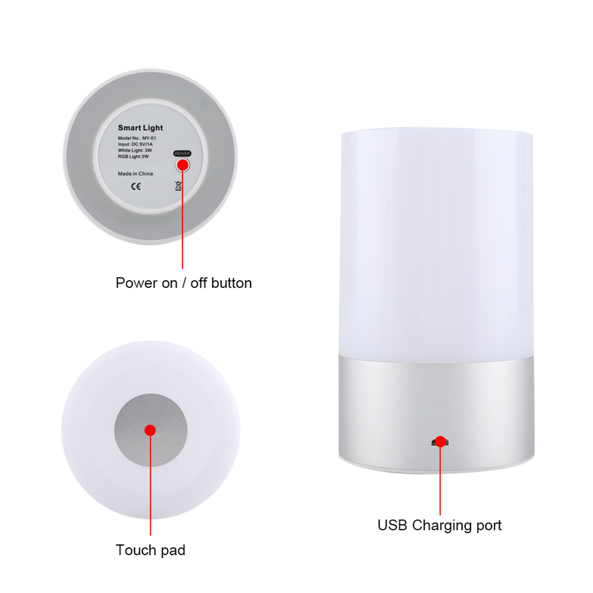 Eine weiße und silberne Nachttischlampe mit Touchpad und USB-Ladeanschluss.