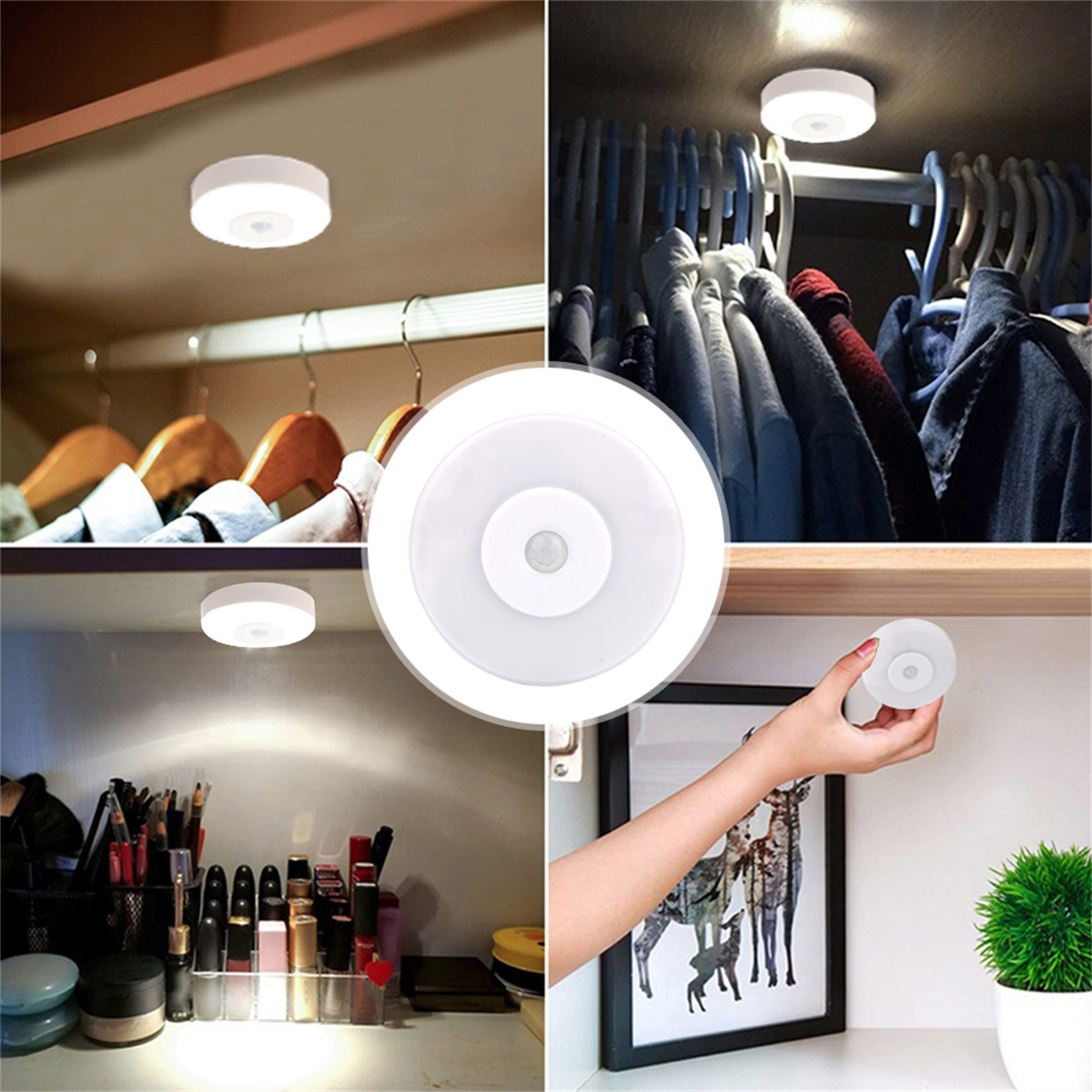 Ein Bewegungssensor-Schranklicht in verschiedenen Einstellungen. Lichter in einem Schrank, unter einem Regal und in einer Schublade.
