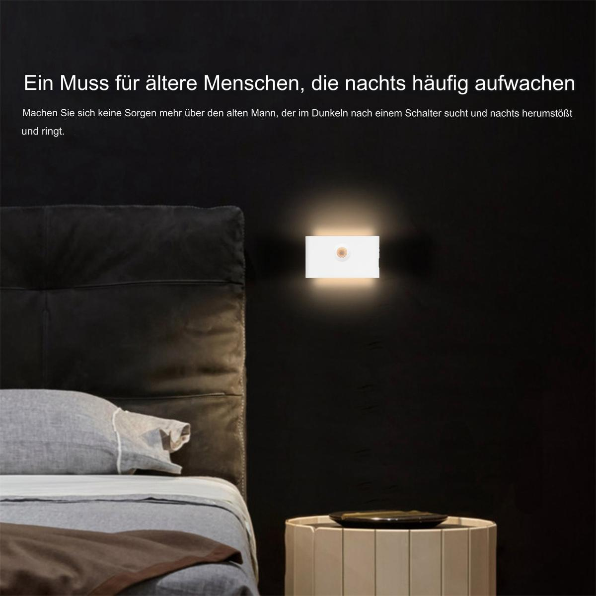 Ein an der Wand montiertes Nachtlicht mit leuchtendem Quadrat. Die Wand ist schwarz, ein Bett ist daneben.