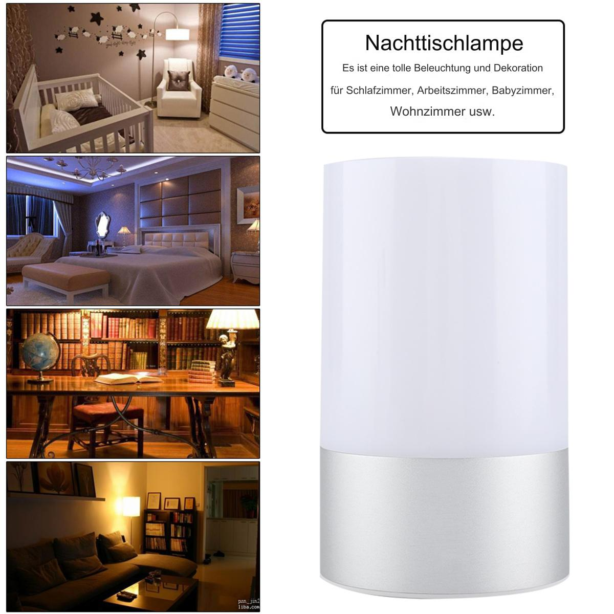 Weiß-silberne Nachttischlampe. Schlafzimmer-Szenen im Hintergrund. Text: Nachtischlampe.
