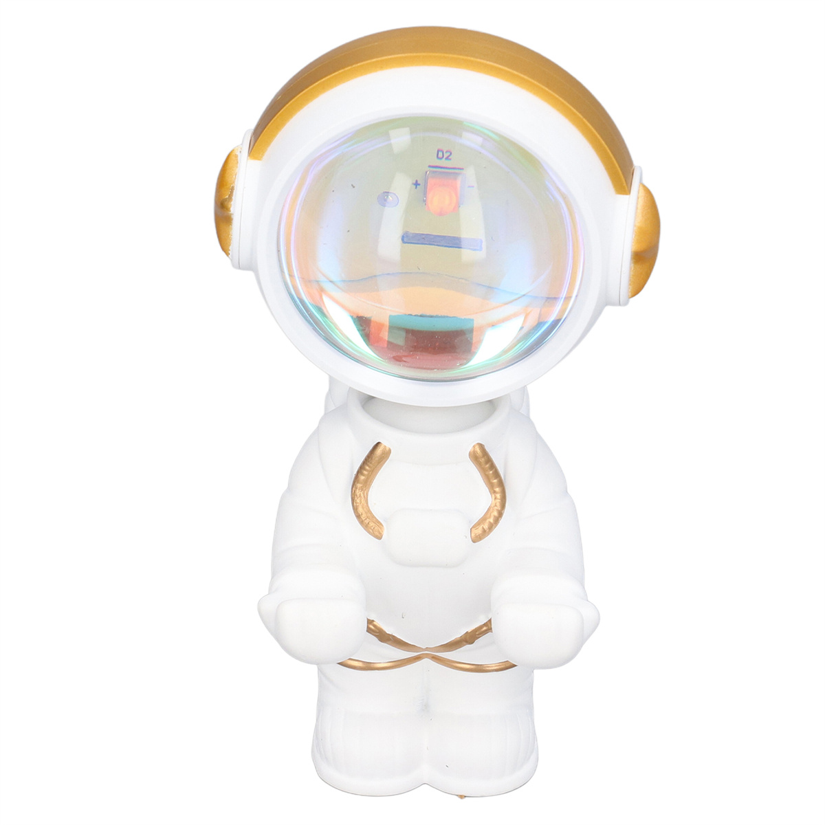 Eine Astronautenfigur in Weiß mit goldenem Helm und Akzenten. Sie steht auf einer weißen Oberfläche.