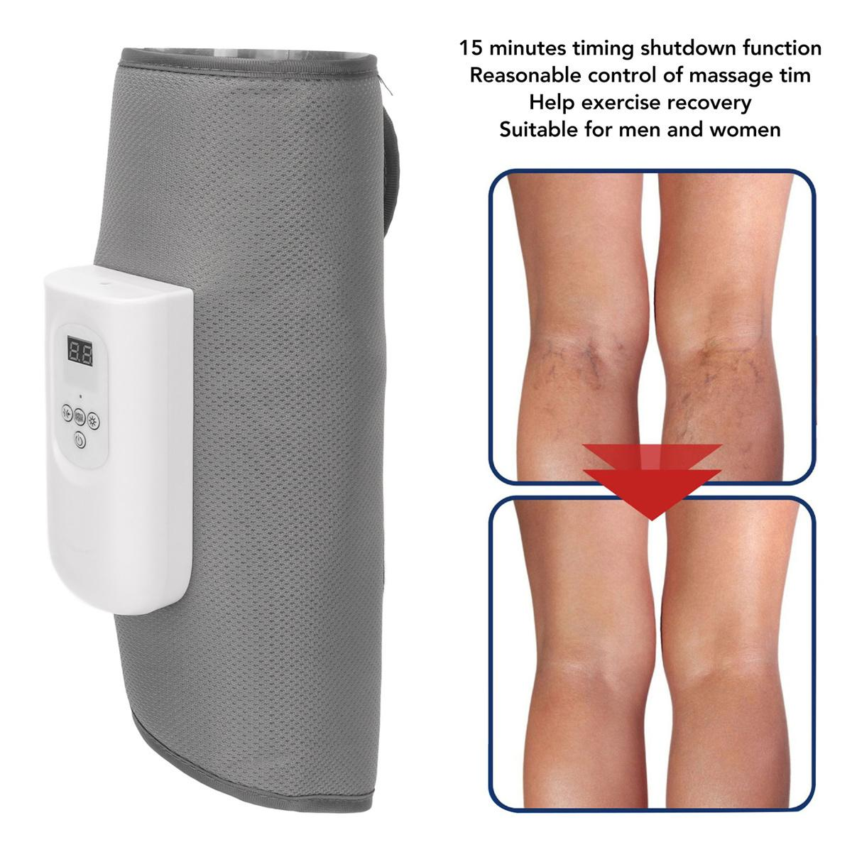 Grauer Beinmassagegerät mit Bedienfeld. Text über Massage, Erholung nach dem Training. Vorher-Nachher-Beinbilder.