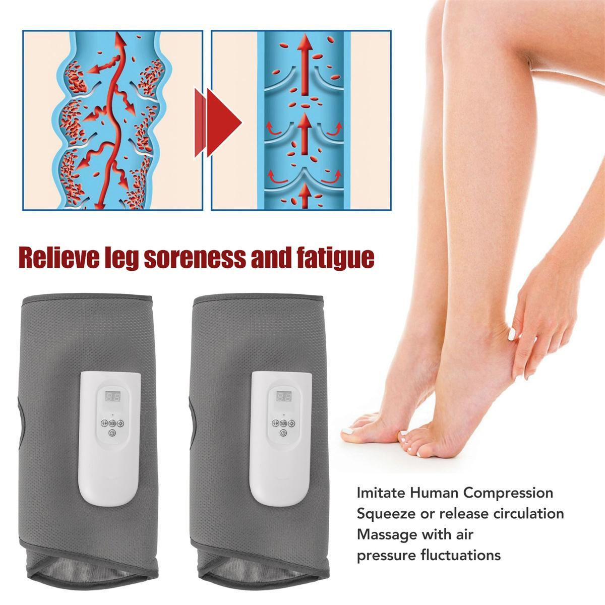 Bild eines Beinmassagegeräts mit Diagrammen, Text und Frauenbeinen. Es soll Beinschmerzen und Müdigkeit lindern.