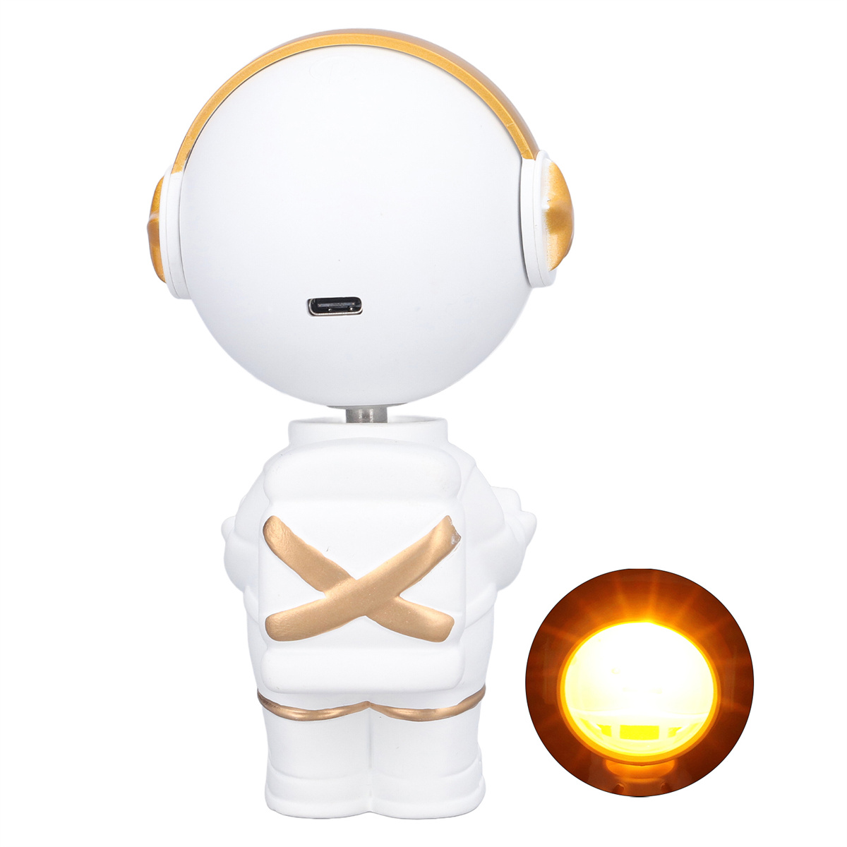 Weiße Astronautenlampe mit goldenen Akzenten. Gelbes Licht rechts. USB-Anschluss auf der Rückseite.
